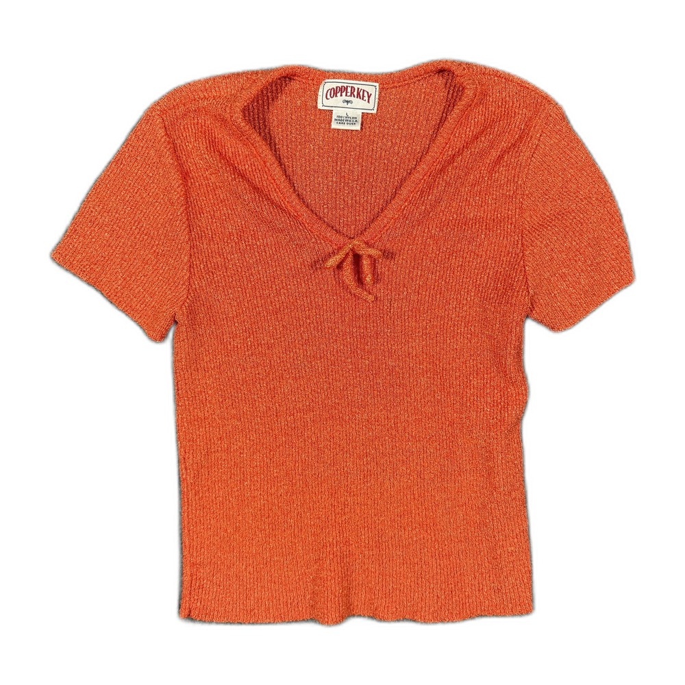 Copper Key Vintage Y2K Orange Ribbed Knit V-Neck Tie Front Baby Tee Shirt Large